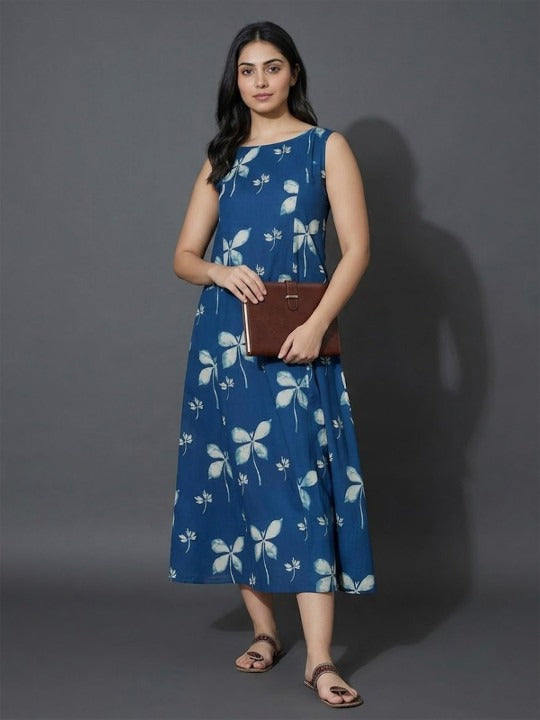 Lightweight Indigo Floral Stunning Heart-Shaped Back Cut-Out Dress