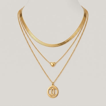 Elegant Multi-Layered Golden Herringbone Chain Heart Medallion Statement Necklace