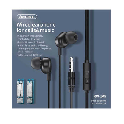 Remax RW-105 Wired Earphone Stereo Sound Earbuds In-Ear Headset for Phone Call Music Headphones with Microphone 3.5mm Plug
