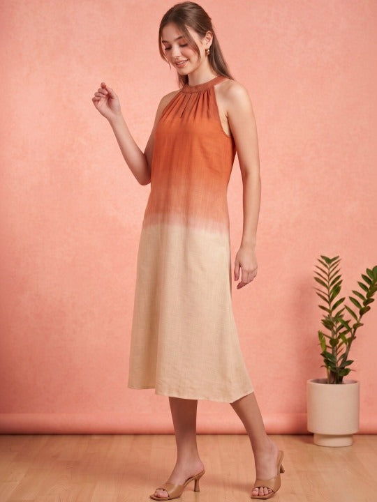 Tie and Dye Dyed Halter Neck Linen Blend a-Line Midi Dress