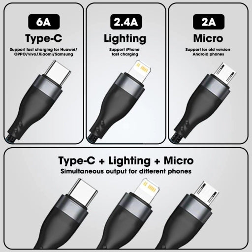 3 In 1 6a 100W Super Fast Charging Data Cable Nylon Braided USB Type C Micro USB