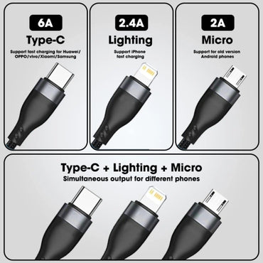 3 In 1 6a 100W Super Fast Charging Data Cable Nylon Braided USB Type C Micro USB