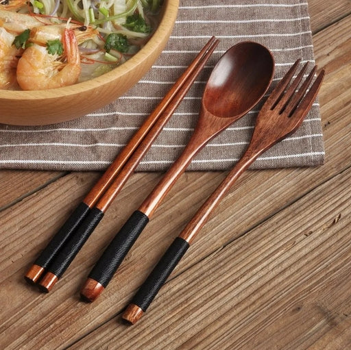 Japanese-Style Wooden Spoon, Fork & Chopsticks 3-Piece Set – Long Handle Solid Wood Portable Cutlery