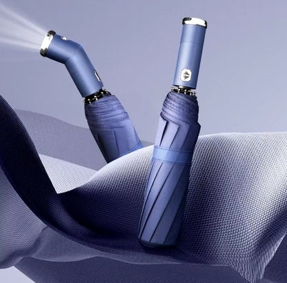 Heavy-Duty Folding Umbrella with Torch and Button Control, Built-in LED Light for Night Visibility