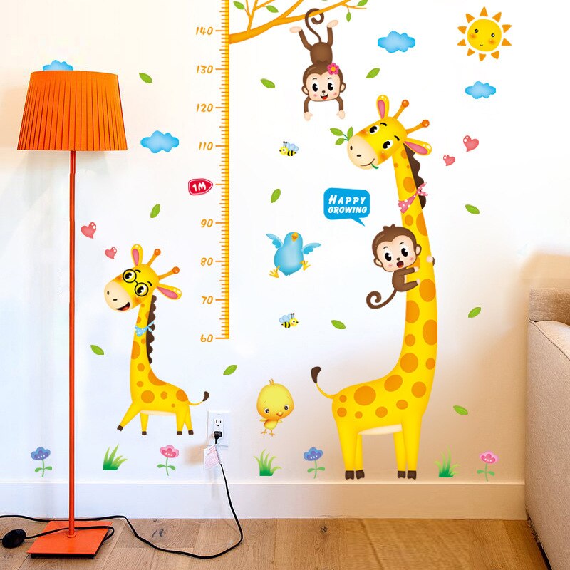 Two Giraffe with Monkeys Height Measuring growing kids measurement chart cartoon animals tree bridge baby children bedroom room wall decoration wall stickers removable kids nursery decal sticker