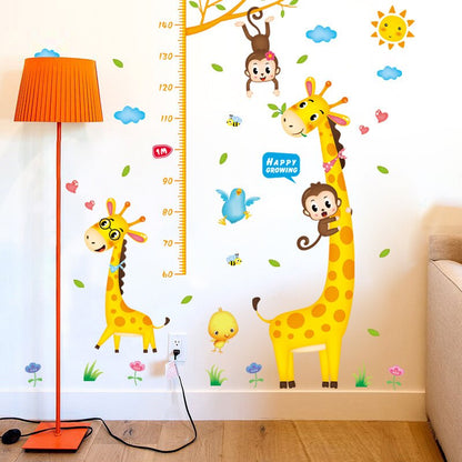 Two Giraffe with Monkeys Height Measuring growing kids measurement chart cartoon animals tree bridge baby children bedroom room wall decoration wall stickers removable kids nursery decal sticker