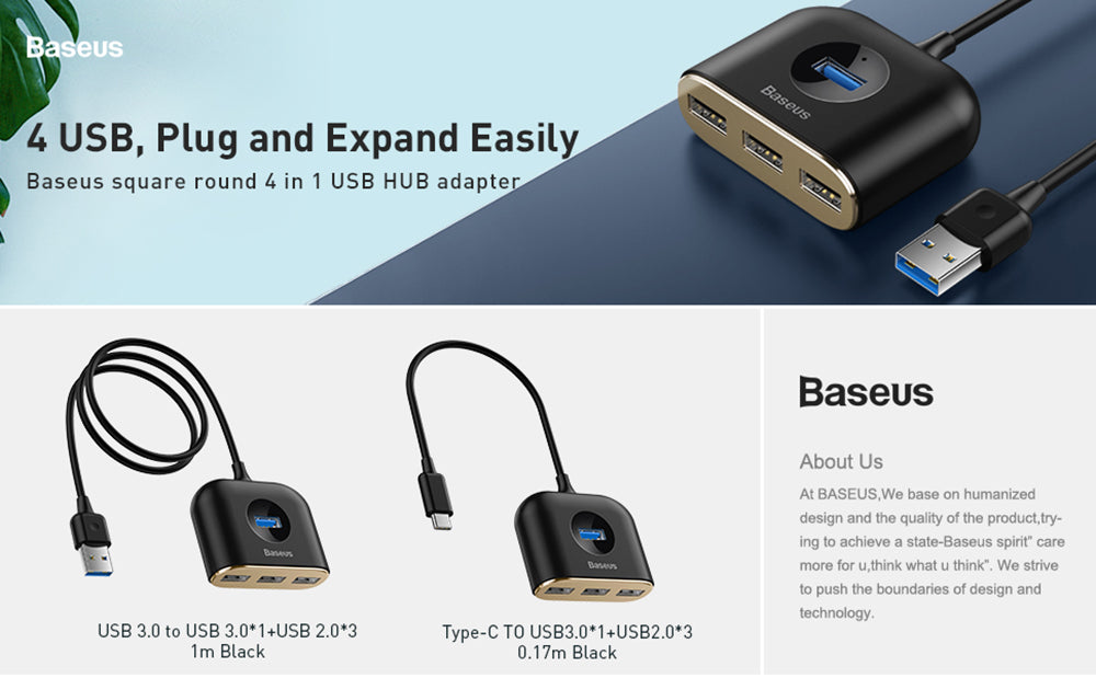 100% Genuine BASEUS Square Round 4 in 1 USB Hub Adapter (USB3.0 to USB3.0*1+USB2.0*3) 1m Cable - Black