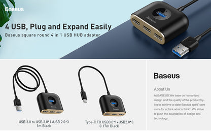 100% Genuine BASEUS Square Round 4 in 1 USB Hub Adapter (USB3.0 to USB3.0*1+USB2.0*3) 1m Cable - Black