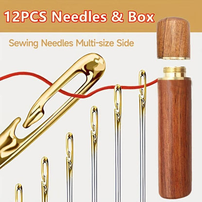 12PCS Self-Threading Needles Set – Assorted Sizes, Side-Opening Stainless Steel Sewing Needles