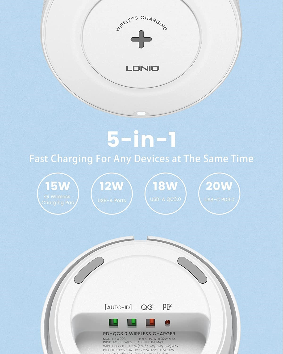 LDNIO 5-in-1 Multi-Device Wireless Charging Station, 15W Max Qi-Certified Wireless Charger & 20W USB-C Port Fast Charger Compatible with i Phone, i Pad, Air Pods, Samsung, Tablet