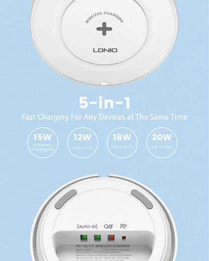 LDNIO 5-in-1 Multi-Device Wireless Charging Station, 15W Max Qi-Certified Wireless Charger & 20W USB-C Port Fast Charger Compatible with i Phone, i Pad, Air Pods, Samsung, Tablet