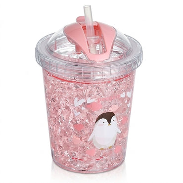 Creative Cute Pink Fruit Ice Cup Double Wall Plastic Straw Cups Summer Drinking Water Bottle Cartoon