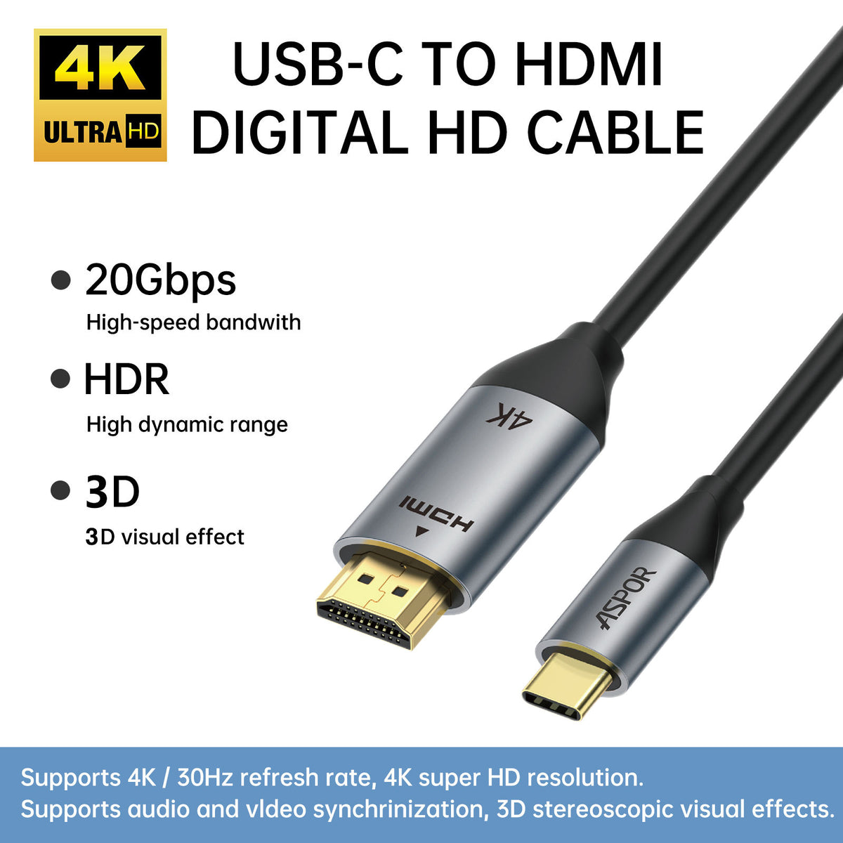 Aspor A271 USB-C To HDMI Digital HDMI Cable For Devices With USB-C To HDMI Ports - 2M