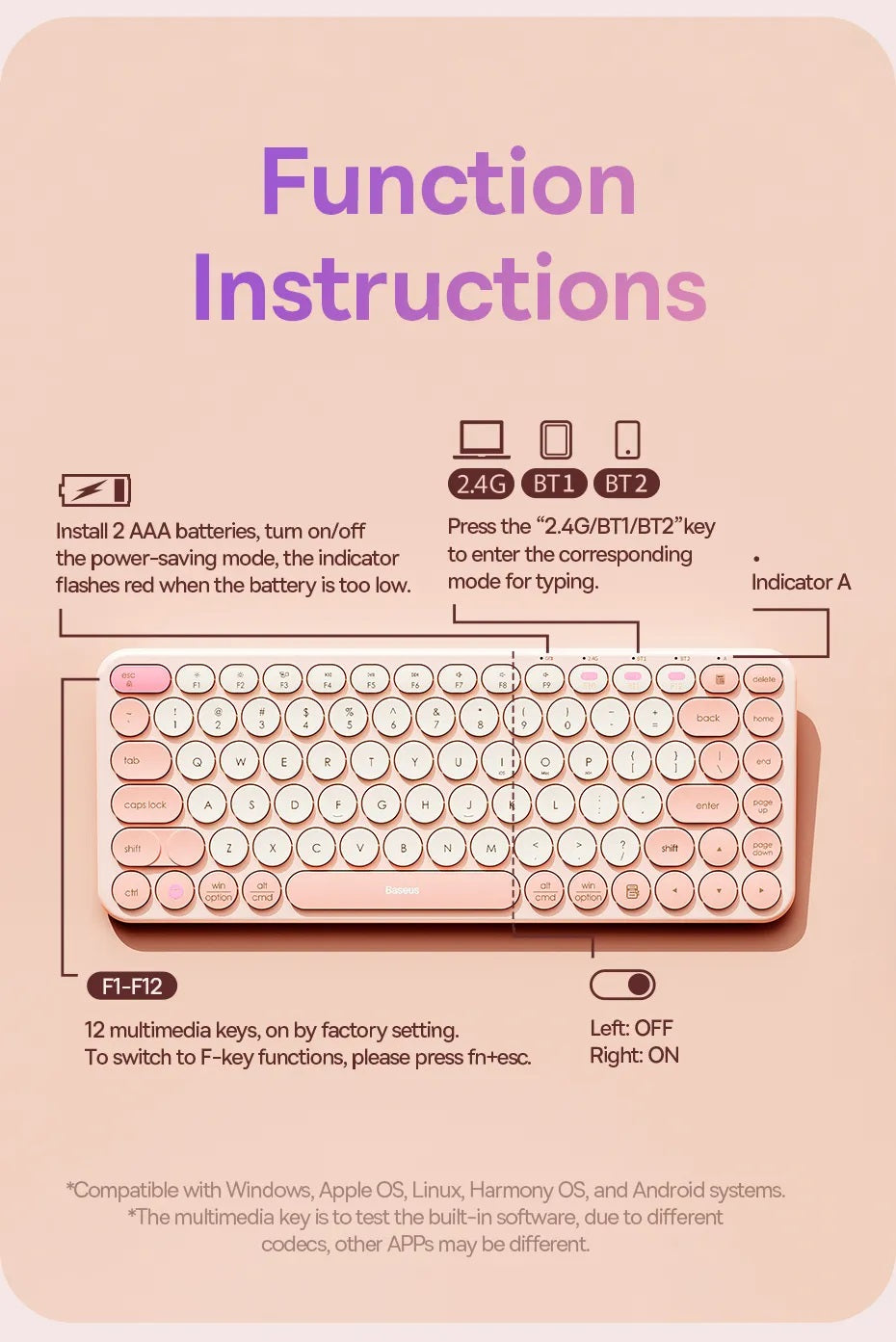 Baseus K01A Wireless Tri-Mode Keyboard Ergonomic Design gaming Multi-Connection with High Portability