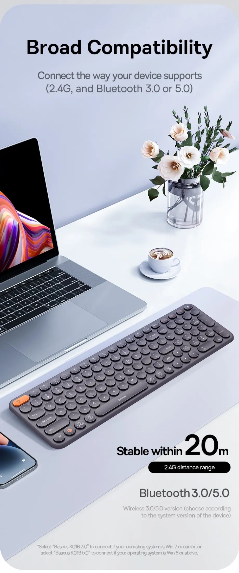 Baseus K01B Bluetooth Wireless Tri-Mode Keyboard for NoteBook Pad PC Tablet Laptop 84 Key Mini Slim Dual System 2.4G Silent Keyboard