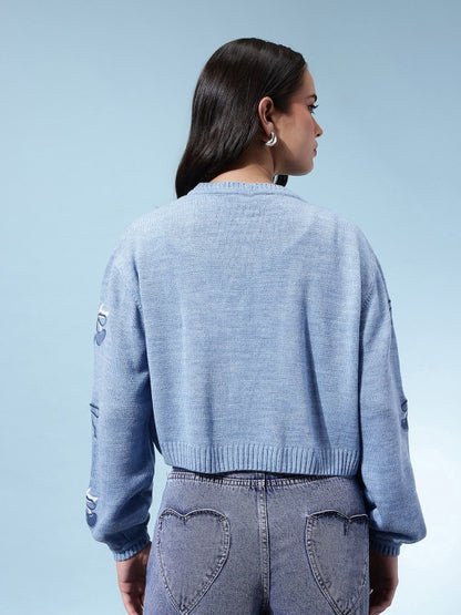 Crop Front Open Conversational Print Sweater with Embroidered Detail