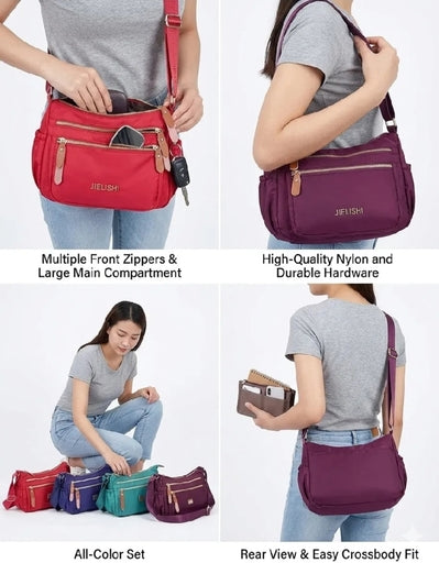 Jielishi Multi-Zip Nylon Crossbody Bag