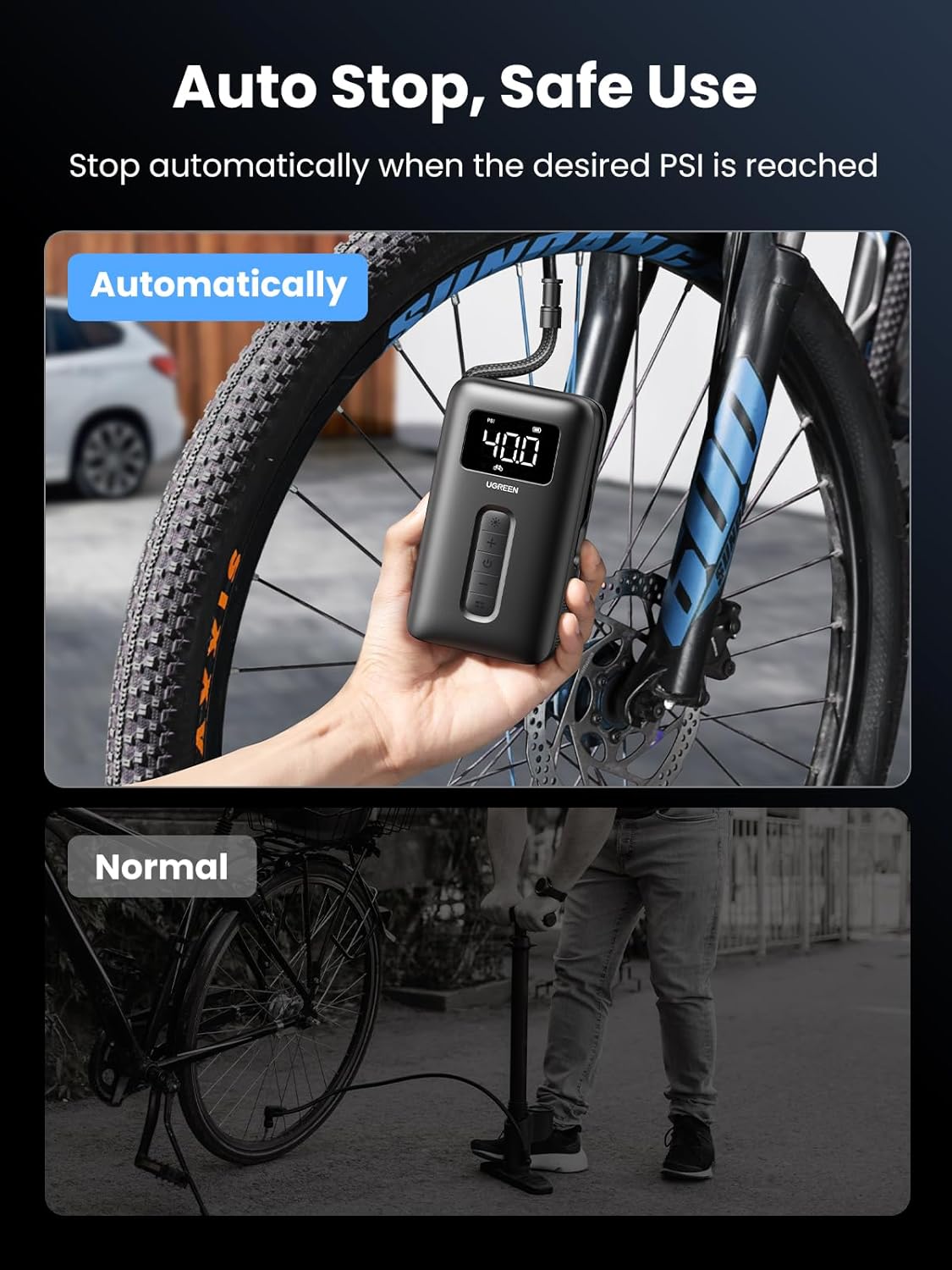 UGREEN Tire Inflator Portable Cordless Electric Air Pump 150PSI Auto-Off Tire Pump with LED Light Digital Gauge for Accurate Pressure Readings for Cars, Motorcycles, Balls, All Bicycles, etc