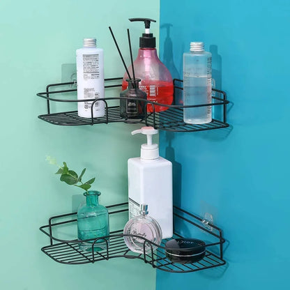 Wall-Mounted Triangle Storage Shelf with Peg Hooks | Waterproof Non-Slip Bathroom Organizer