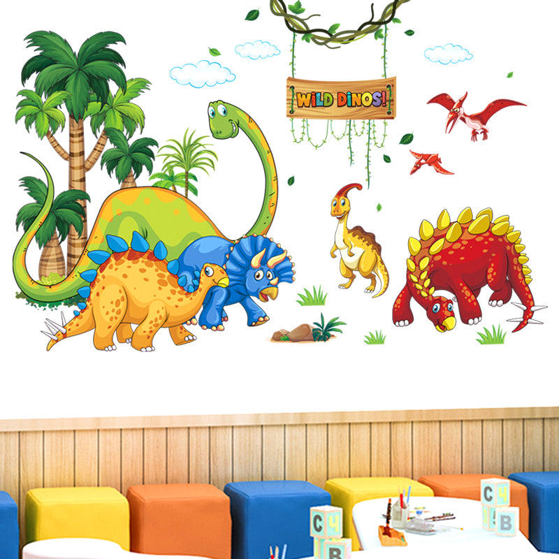 Wild Dino Kids Tree House Cartoon Animals Theme Wall Art Decal Sticker Decoration for Living Room Nursery Baby Girl Boy Kid Children's Room Bedroom Decoration