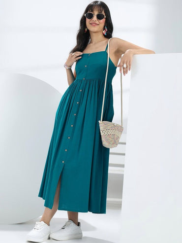 Blue Solid Cotton One-Piece Dress