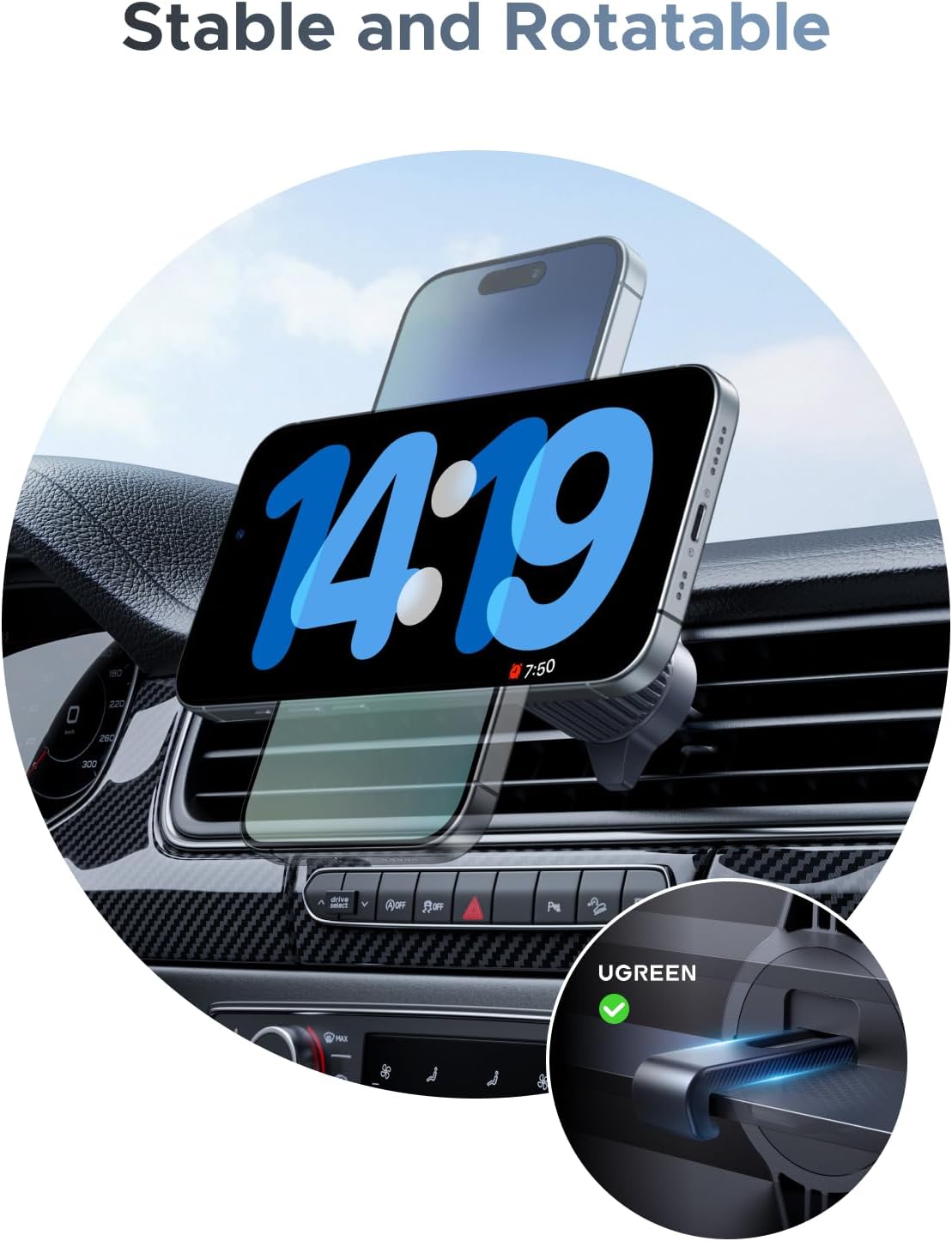 UGREEN 25W MagFlow Wireless Car Charger, MagSafe Qi2 Certified Fast Charging Cradle Mount for iPhone 17/16/15/14/13/12 Series, Air Vent Clip Secure Holder with USB-C Cable - 55967