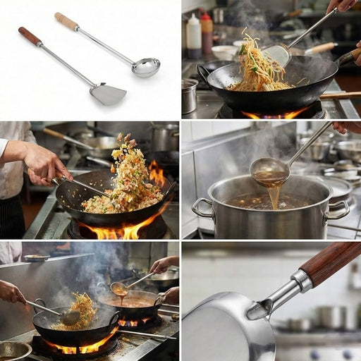 Stainless Steel Fried Rice Spoon with Wooden Handle Chinese Ladle, Wok Ladle