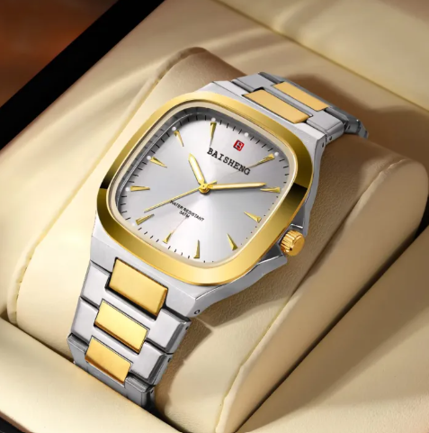 BAISHENG Rectangle Quartz Watch for Men Two Tone Stainlsee Steel Band Wristwatches Simple Clock Male