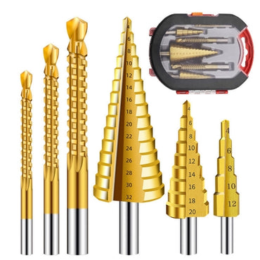 6PCS HSS Titanium Coated Drill Bit Set, Including 3 Sizes Step Drill Bit and 3 Sizes Twist Drill Bit