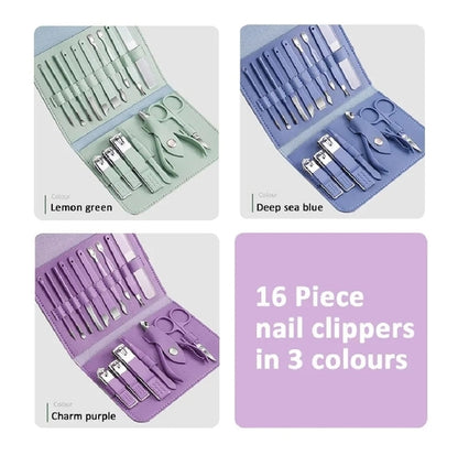 16Pcs Professional Manicure & Pedicure Nail Clipper Set with Travel Leather Case SMT
